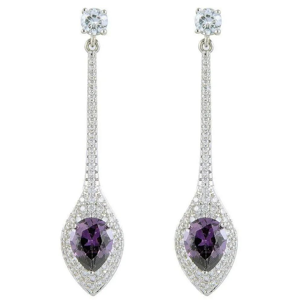18K White Gold with Purple Amethyst and White Diamond CZ Dangling Post Earrings